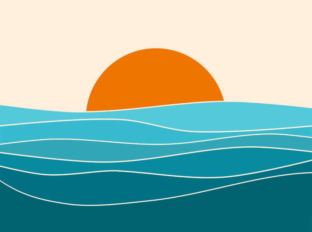 Sunset landscape boho 70's style retro graphic design, blue water ocean waves with abstract vintage art illustration, orange sun color gradient