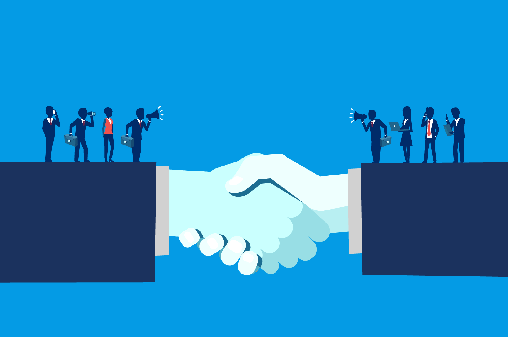 A business handshake graphic, with people on either side of the divide, demonstrates the challenges of successful company mergers