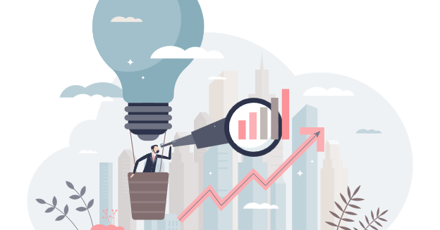 Businessman in a hot air balloon looking through a telescope at a bar chart of growth